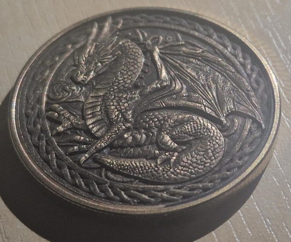Birthday Gift, fathers day gift, Unique Laser Engraved Brass Coin – 45mm Dragon Design with Celtic Influence – Perfect Gift in Elegant Box